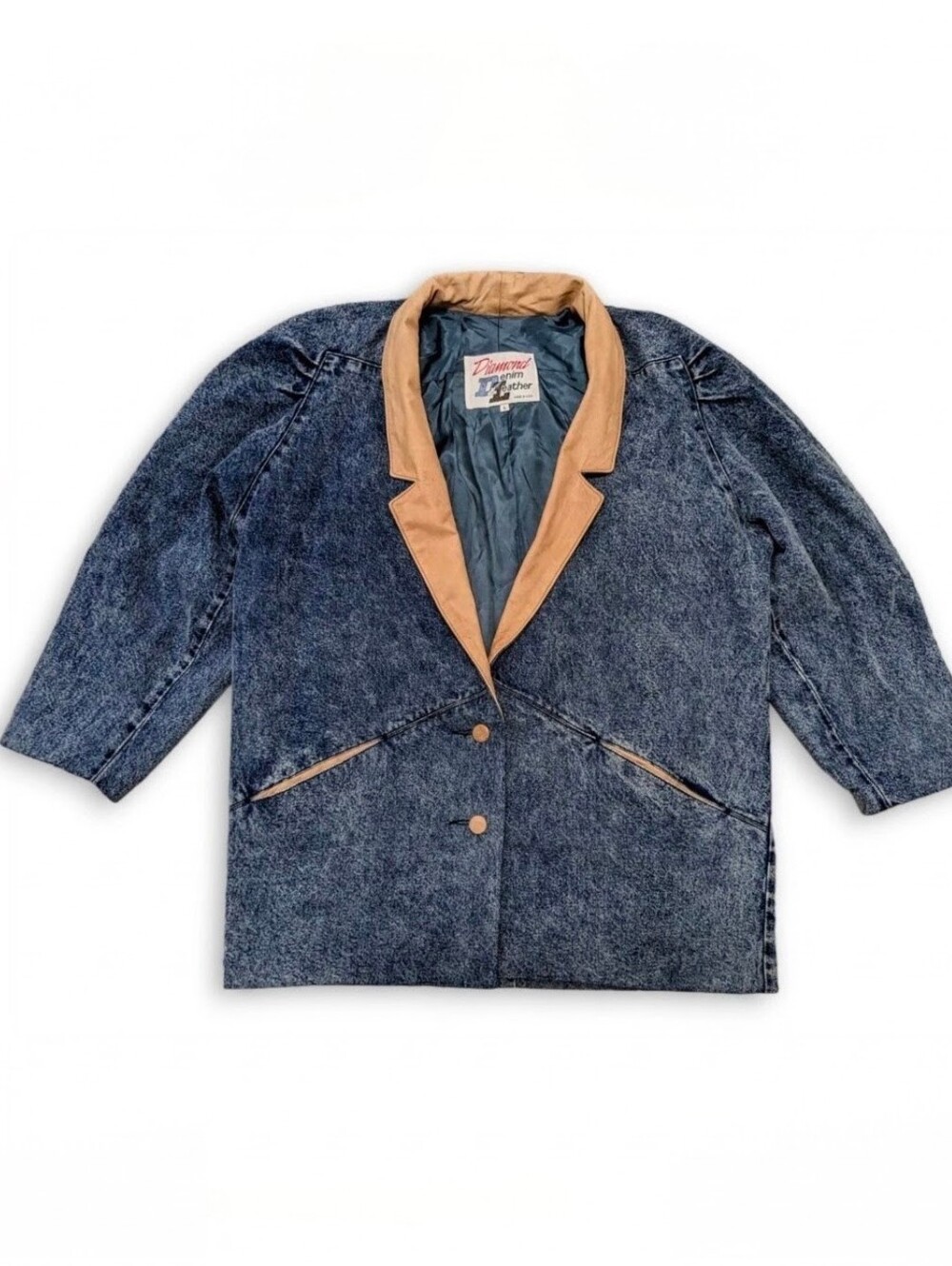 Diamond Denim Womens Large Vintage 80s 90s Blazer Style Jean Jacket Leather Trim